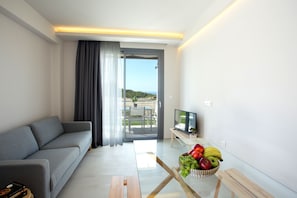 Superior Apartment, 2 Bedrooms, Sea View | Living area | 35-inch TV with digital channels - Alikon Adult-Only (Sithonia)
