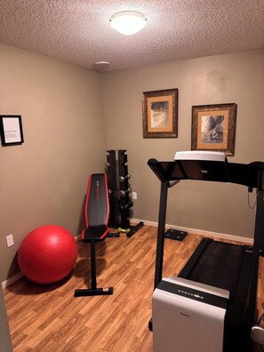 Une salle de sport à domicile équipée d’un tapis de course, d’un ballon d’exercice et d’un banc de musculation.