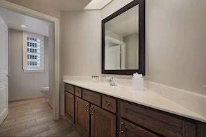 Shower, jetted tub, hair dryer, towels