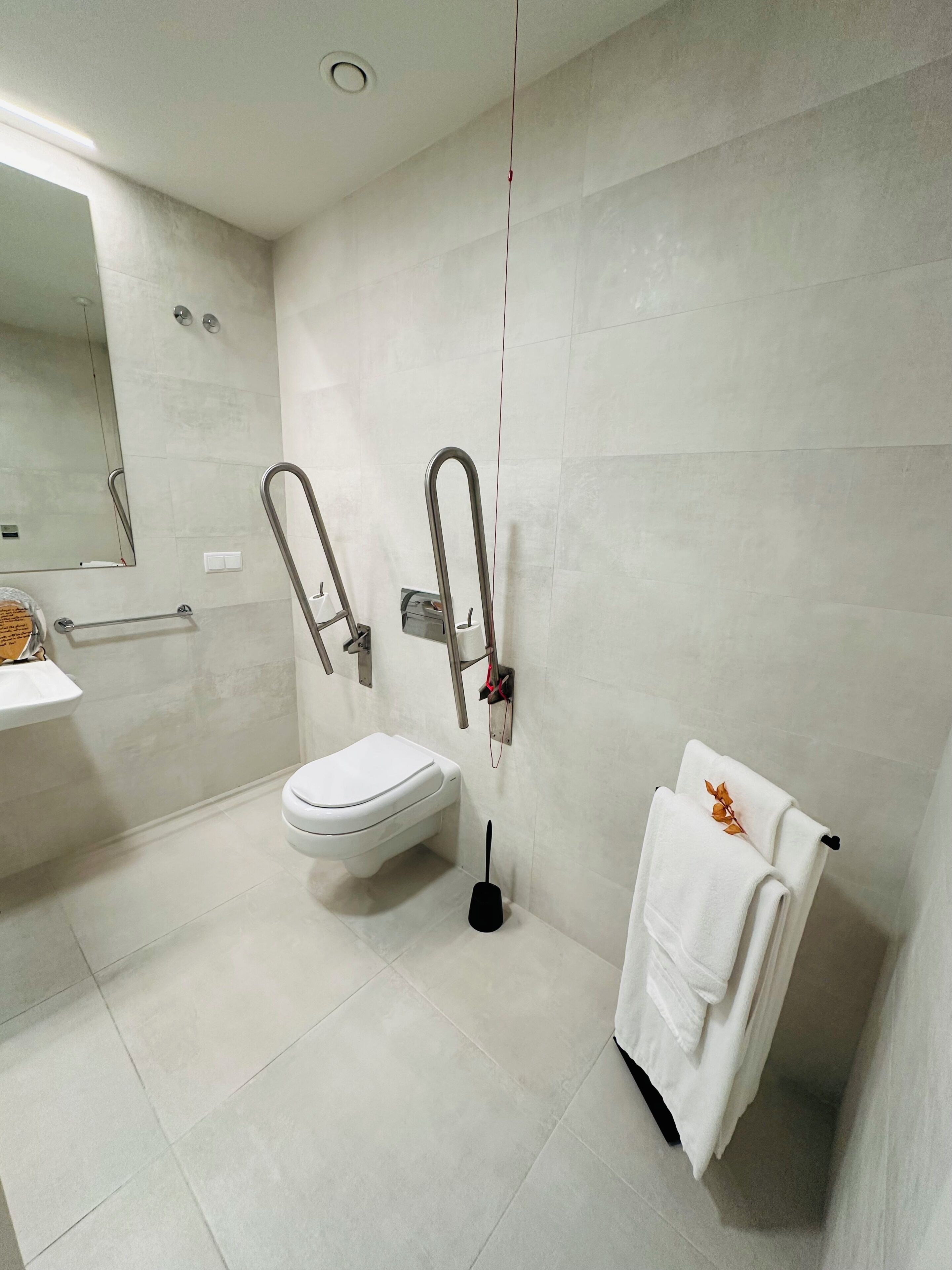 Un baño moderno con inodoro, bidé, barras de apoyo, toallero y espejo.