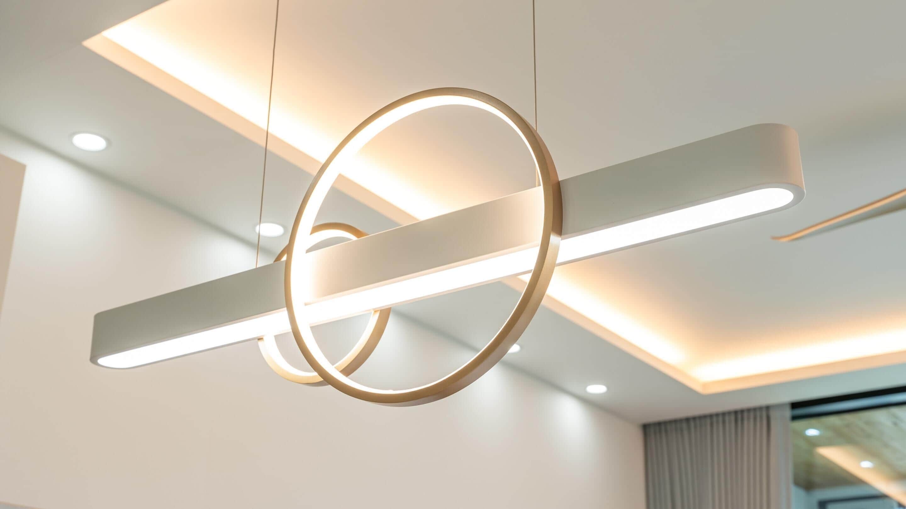 Un plafond moderne agrémenté d’un luminaire circulaire et de poutres rectangulaires.