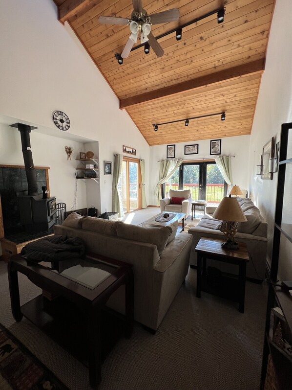 TV connectée, cheminée, livres, chaîne hi-fi