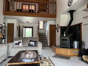 Smart TV, fireplace, books, stereo