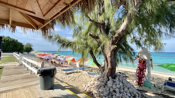 On the beach, sun loungers
