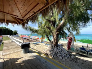 On the beach, sun loungers