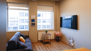A modern living room with a grey sofa, a small side table with a plant, a radiator, and a TV mounted on the wall. - Modern  apartment located in central Reykjavik. - Studio 2 (Reykjavík)
