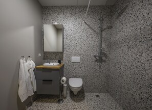 Secador de cabelo, toalhas de banho, sabonete, shampoo