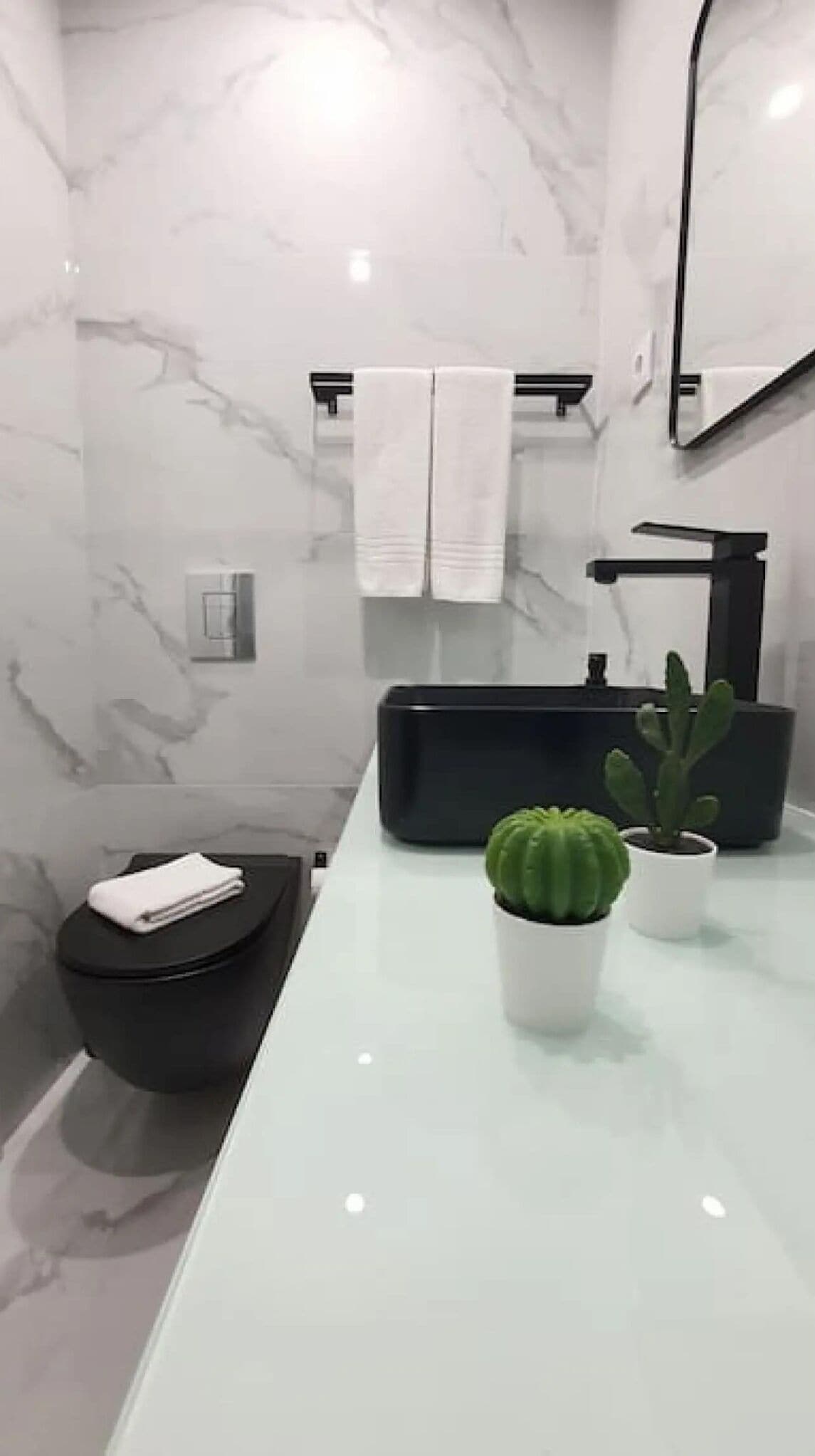 Un baño moderno con pared de mármol, un lavamanos negro y una pequeña planta de cactus en maceta.