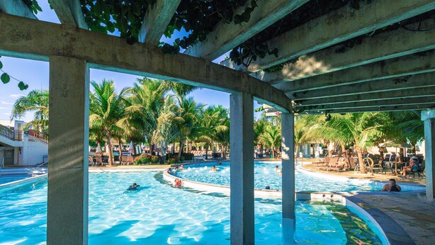 A swimming pool with clear blue water, surrounded by palm trees and lounge chairs.