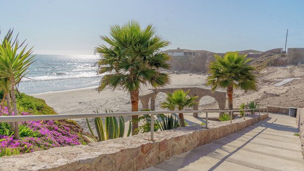 A coastal walkway with palm trees, a beach, and a stone wall. - 6th-Floor Oceanfront Condo - Indoor Pools, Sauna, Private Beach (Rosarito BC)