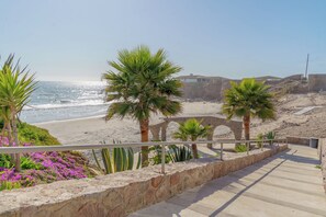 Una passeggiata costiera con palme, una spiaggia e un muro di pietra.