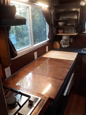 Fridge, microwave, stovetop, coffee/tea maker
