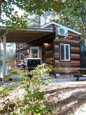 A cabin with a covered porch, a grill, and a picnic table.