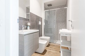 Shower, hair dryer, bidet, towels