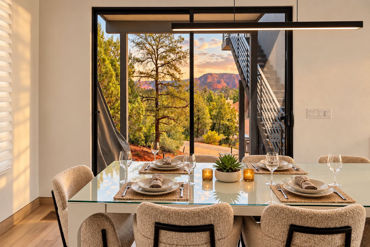 A dining area with a glass table, chairs, and a view of a mountainous landscape.