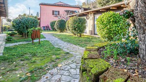 A stone pathway leading to a building with a pink facade, surrounded by well-maintained greenery and a rustic stone wall. - Beautiful home in Montefiore dell'Aso (Montefiore dell'Aso)
