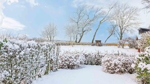 En snötäckt trädgård med kala träd och en liten träbyggnad.