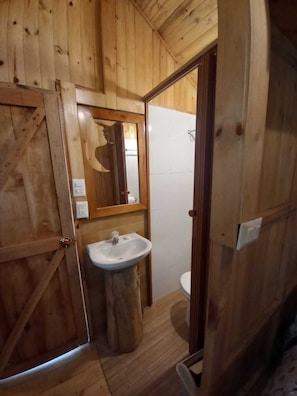 Un baño de cabaña de madera con puerta de madera, un lavabo, un espejo y un inodoro.
