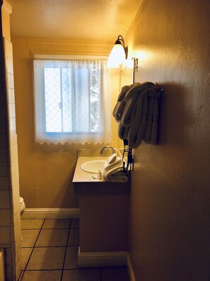 Hair dryer, towels, soap, shampoo