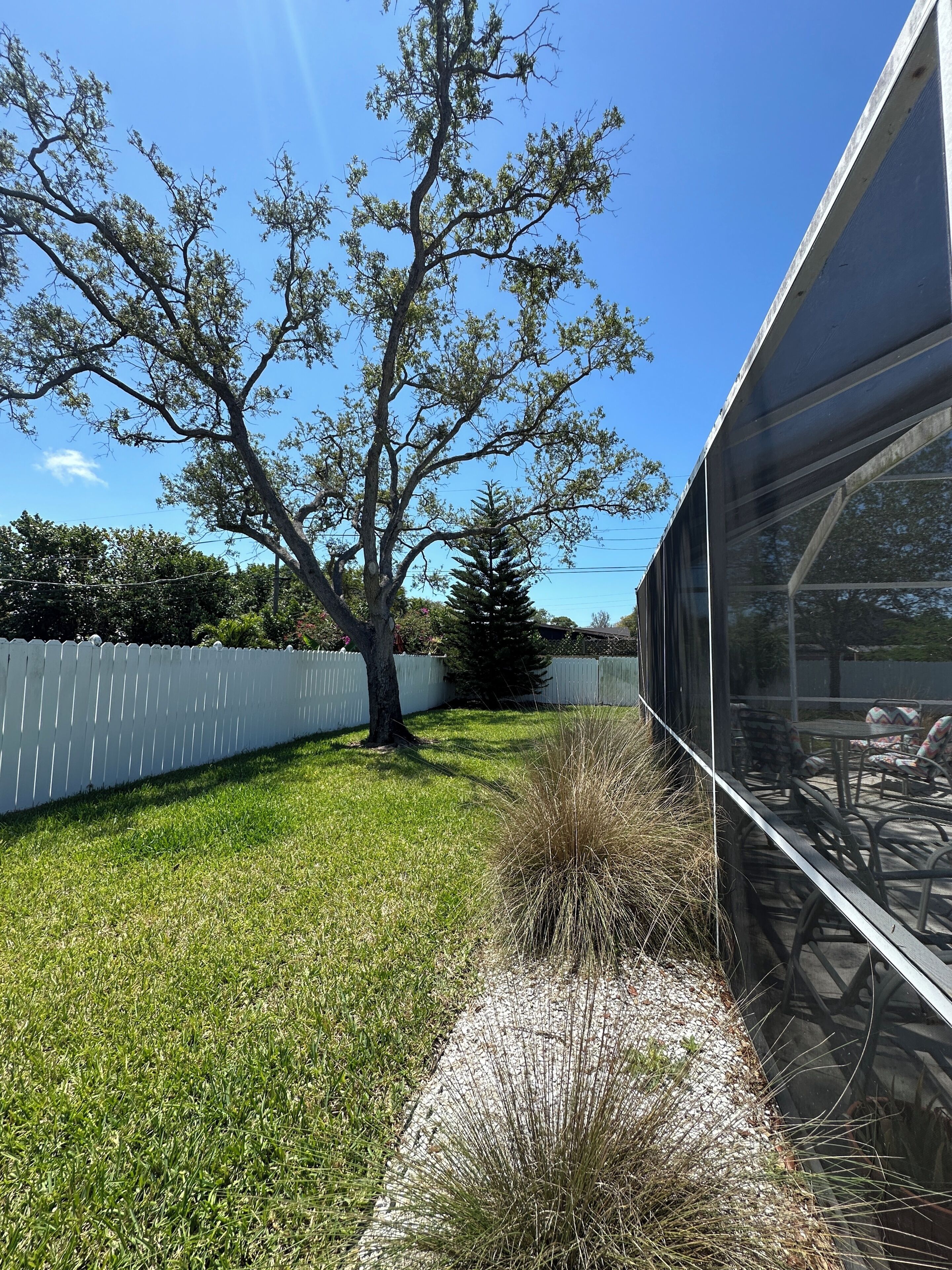 A backyard with a tree, a white fence, and a patio area with chairs.