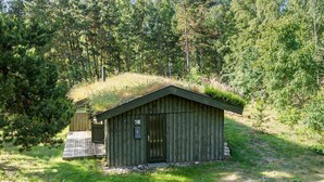 Una petita cabana de fusta amb un teulat cobert de gespa, envoltada per un bosc dens.