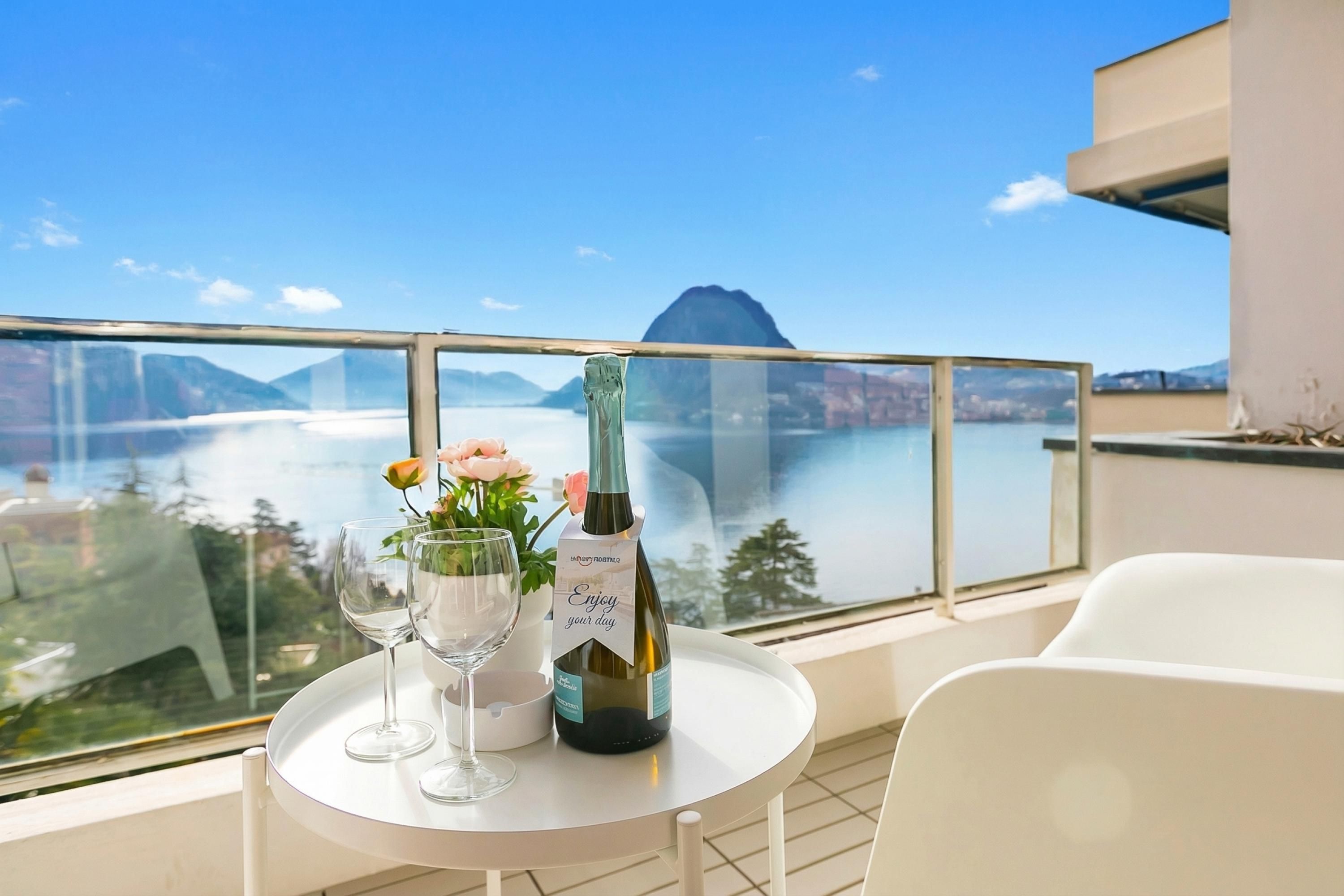 A balcony with a table, a bottle of wine, and two glasses.