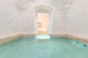 A spa area with a clear pool, a small alcove, and a view into a room with a bed.