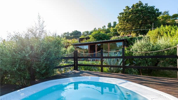 Una piscina con muelle de madera, rodeada de abundante vegetación y una cerca de madera.