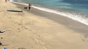 A beach with clear turquoise water, a sandy shore, and a forested cliff in the background. - Santai Warung Bali (Pecatu)