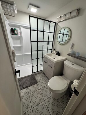 Shower, hair dryer, towels, soap