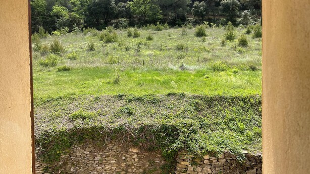 Un mur de pierres, avec un champ herbeux et des arbres en arrière-plan.