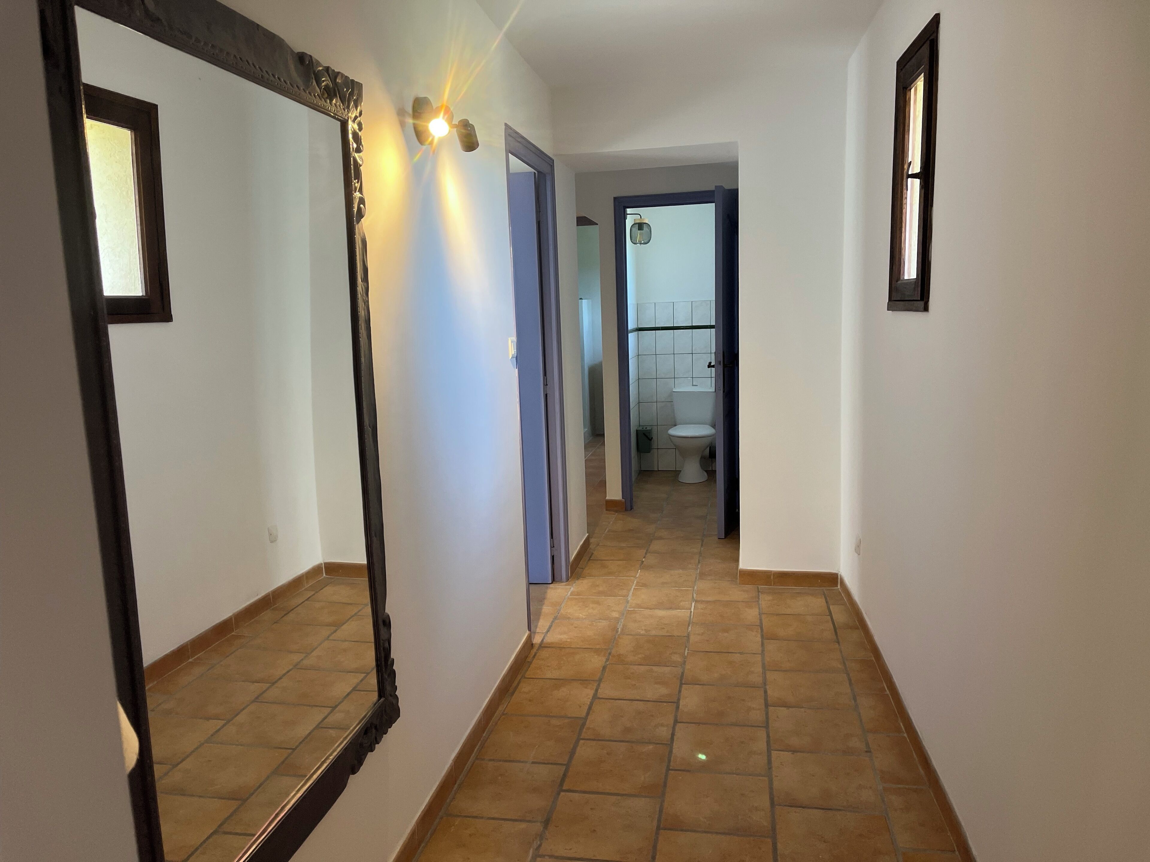 Un couloir avec un grand miroir, un luminaire et une vue sur une salle de bain équipée de toilettes et dont les murs sont recouverts de carreaux.