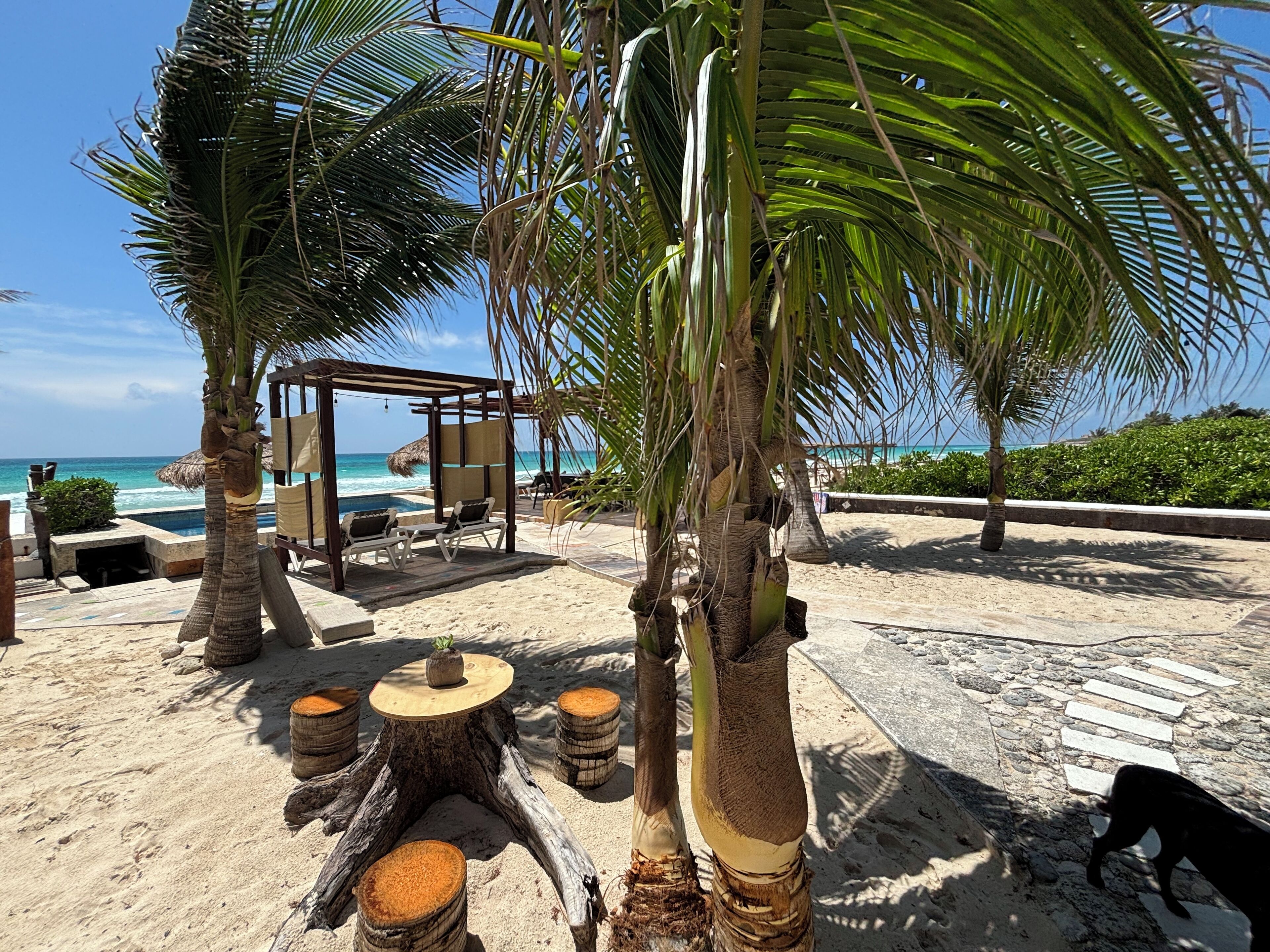On the beach, sun loungers, beach towels
