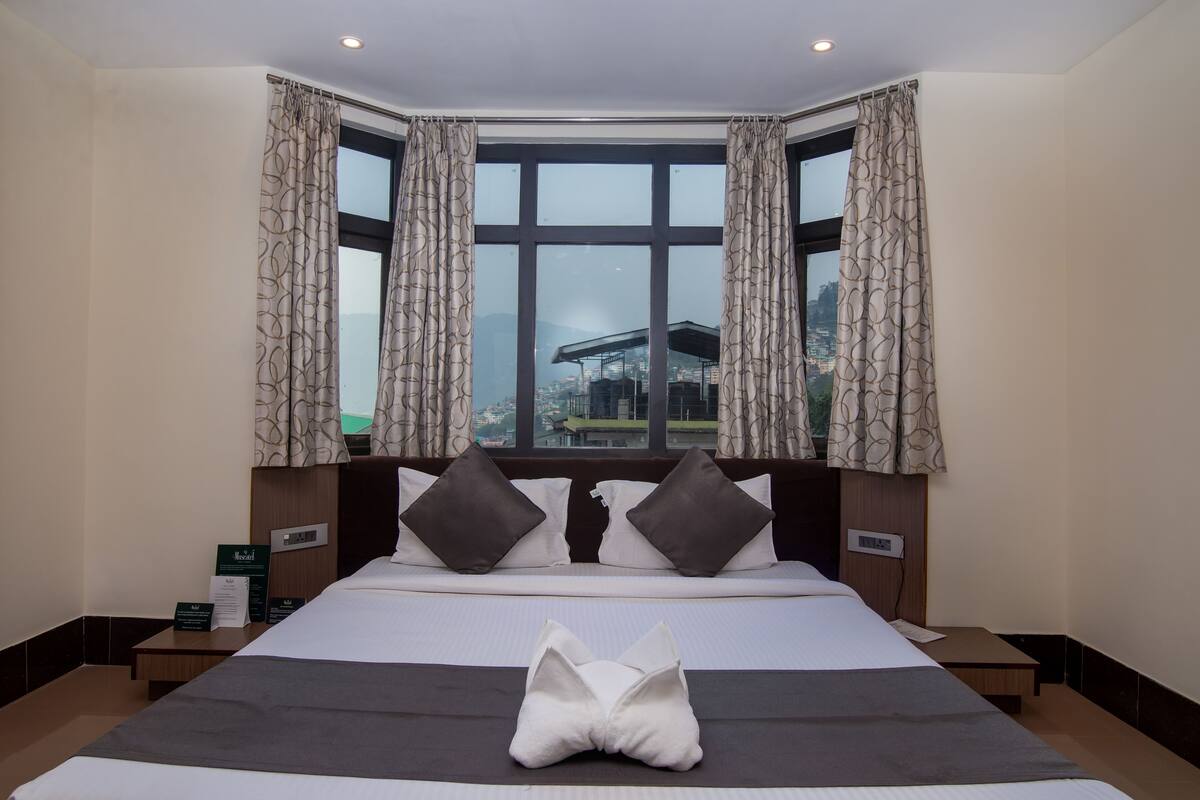 A hotel room with a large bed, two pillows, a bedside table, a window with curtains, and a view of a building.