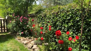 Un jardin avec des roses rouges et un mur de pierre.