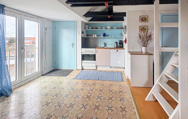 Une cuisine compacte équipée d’un four encastré, d’un lave-vaisselle et d’un petit réfrigérateur. Une porte bleue donne accès à un balcon avec vue sur l’extérieur.