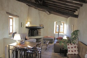 Télévision, cheminée, table de tennis de table, livres