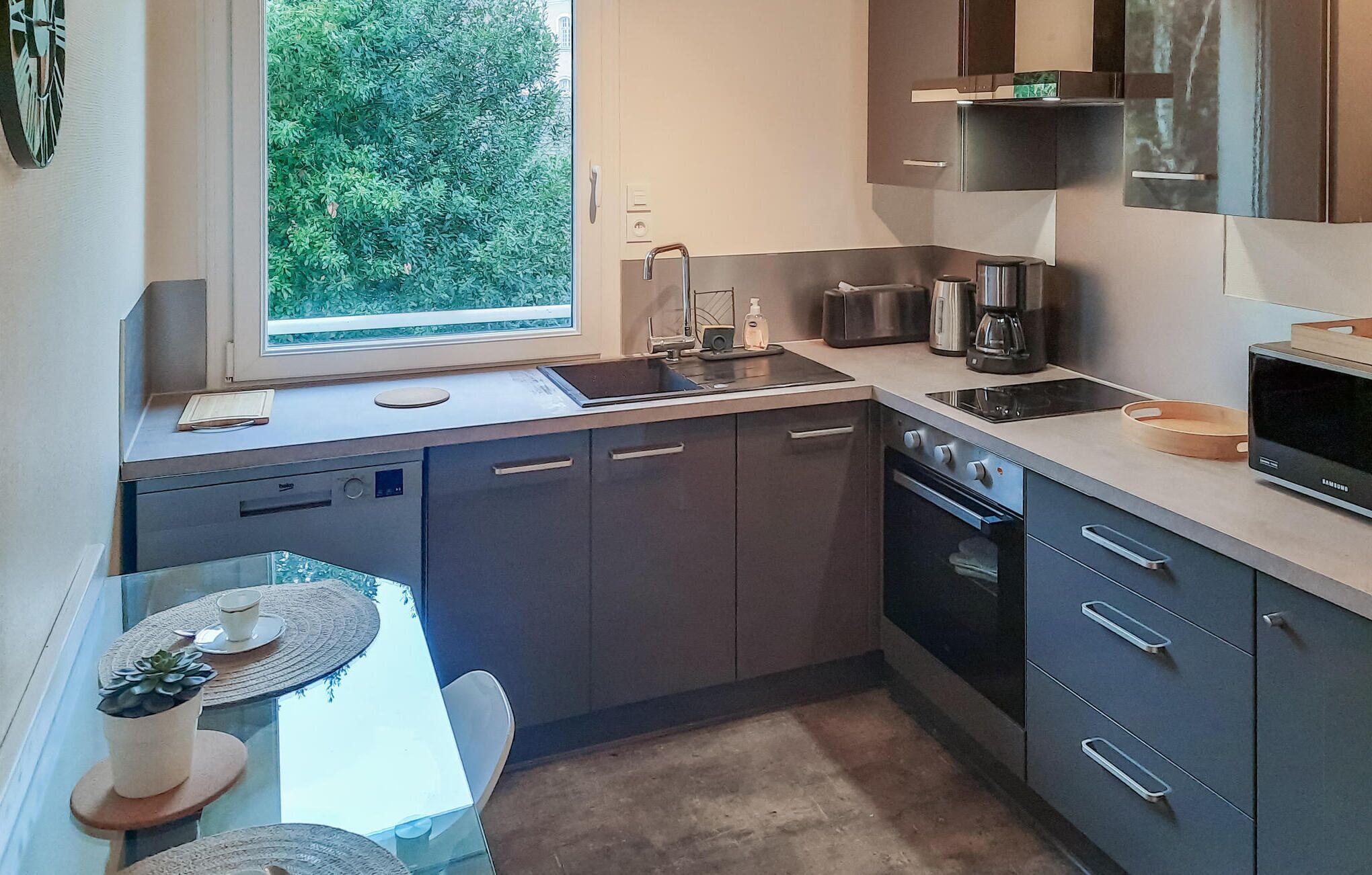 Fridge, oven, dishwasher, coffee/tea maker