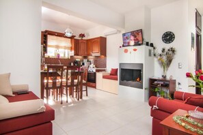 Smart TV, fireplace, DVD player, books