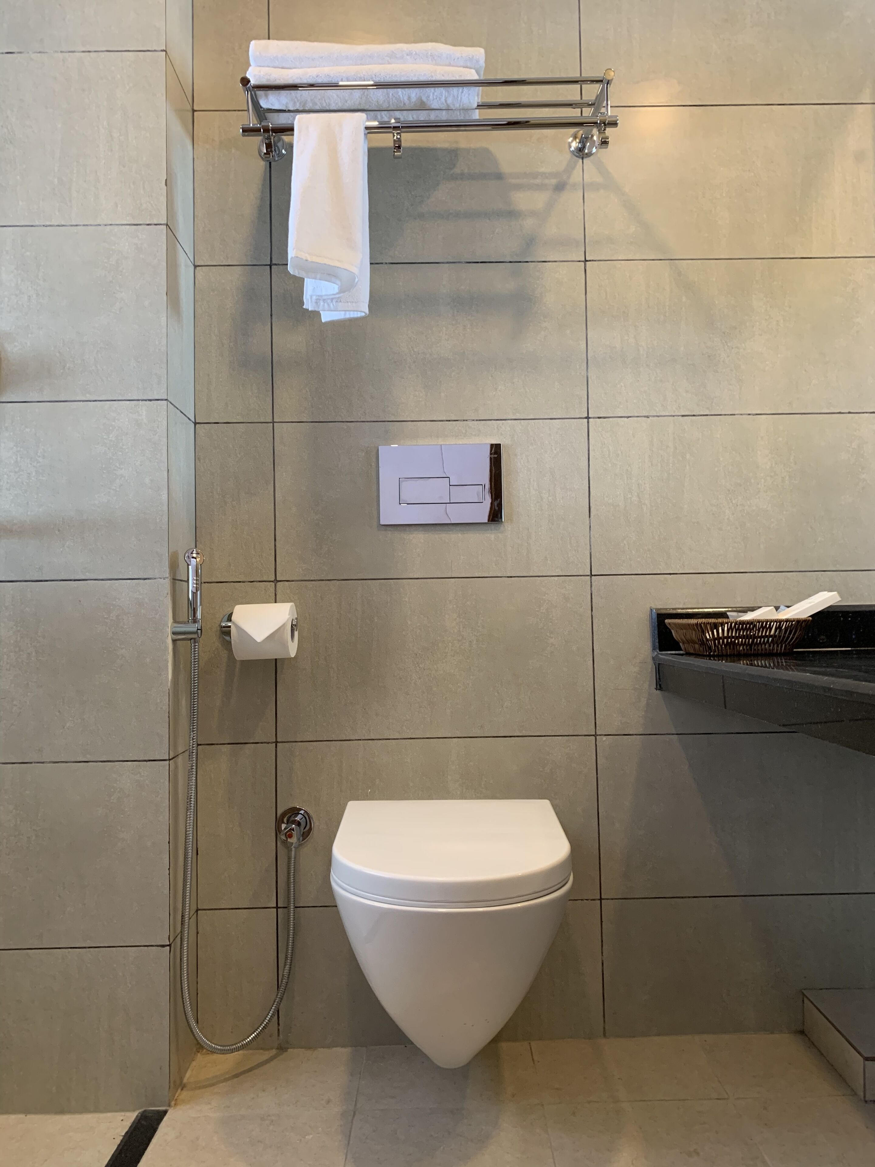 Ein modernes Badezimmer mit Toilette, Dusche und Handtuchhalter.