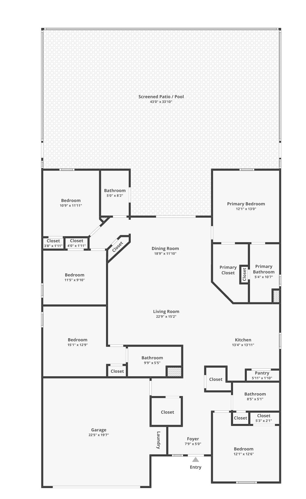 Plano de planta de una casa con terraza/piscina cubierta por mosquiteras, varias habitaciones, comedor, sala de estar, cocina, garaje y vestíbulo.