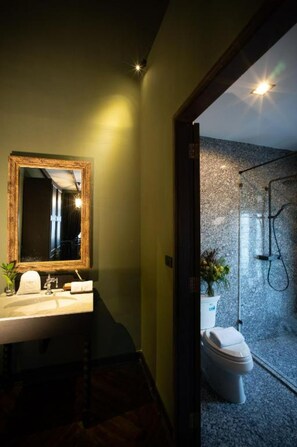 A bathroom with a large mirror, a sink, and a shower area. - Baan Tuk Din Hotel (Bangkok)