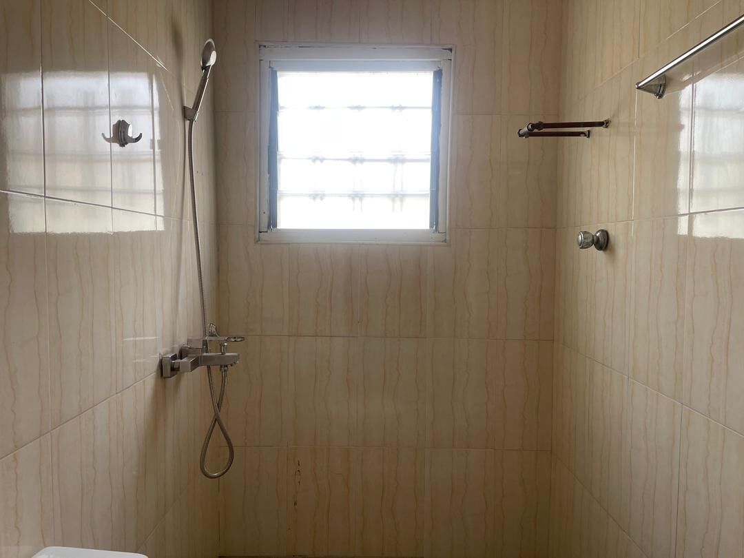 Un bany amb dutxa, vàter i finestra.