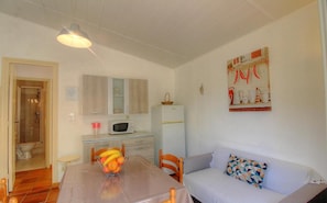 A compact living space with a kitchenette, a dining area with a fruit bowl, a sofa with a geometric pillow, and a shower area.
