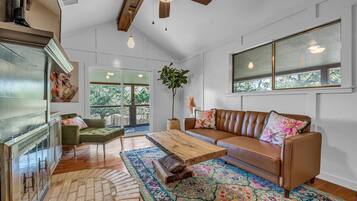 Smart TV, fireplace, books