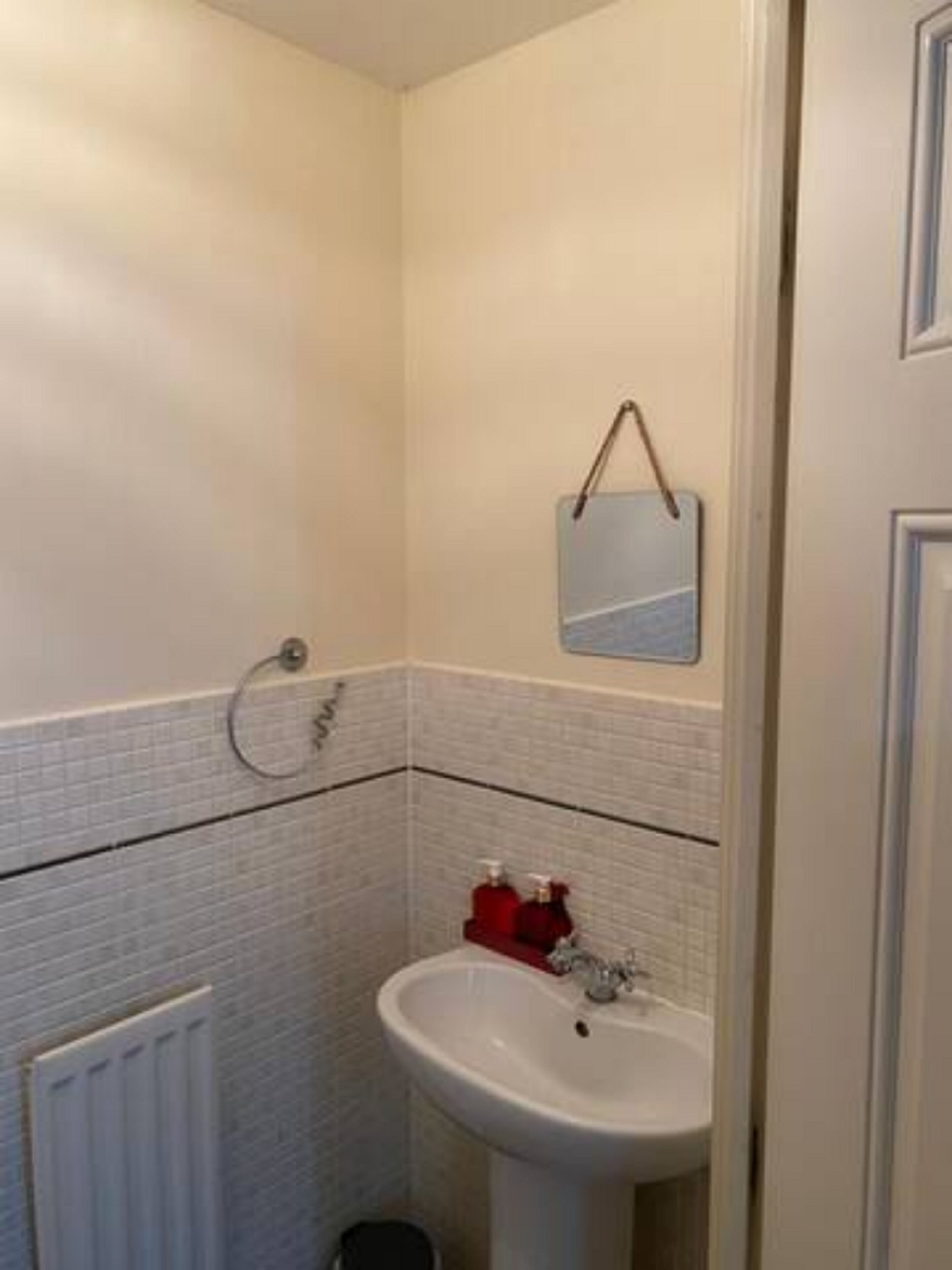 A small bathroom with a white sink, a mirror, and a towel rack.