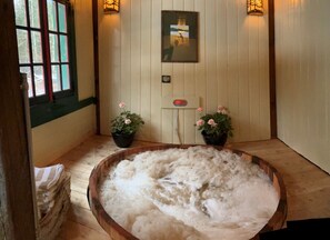 A hot tub in a room with wooden walls, two potted plants, and a clock on the wall.