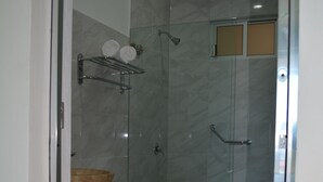 Une salle de bain moderne avec une douche à parois de verre, un meuble-lavabo en bois et des toilettes.