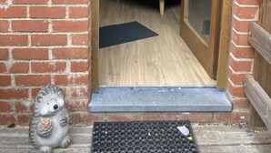 Fachada de ladrillo con puerta corredera de vidrio que da a una sala de estar con sofá gris y piso de madera.