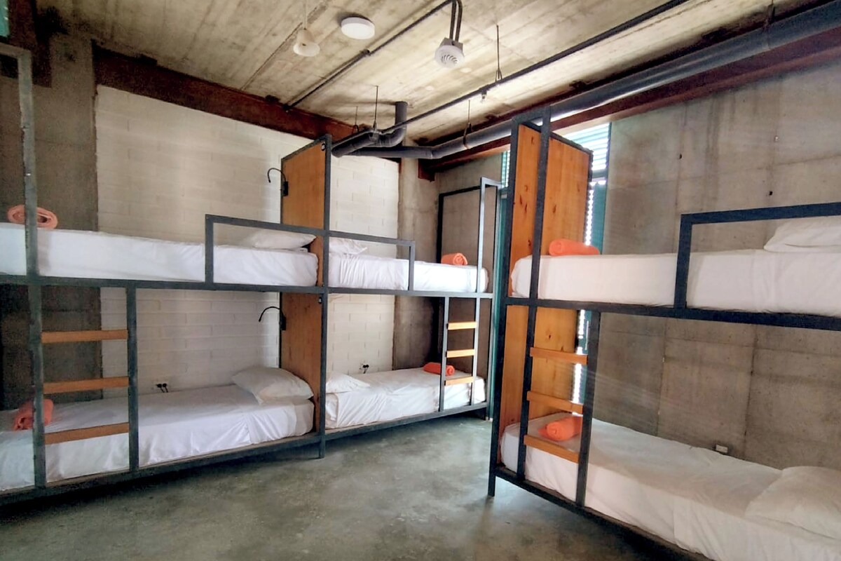 Une chambre de dortoir avec des lits superposés, des cadres en bois et des murs en béton.